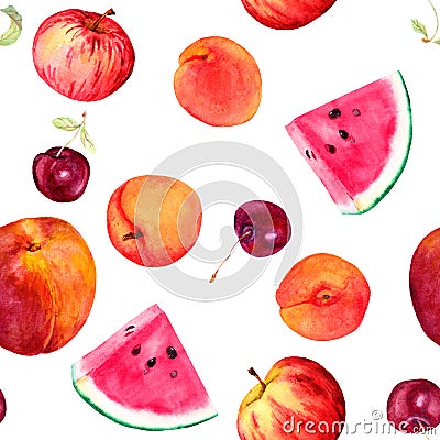 Ripe fruits - apricot, peach, cherry, watermelon. Seamless background. Watercolor food Cartoon Illustration