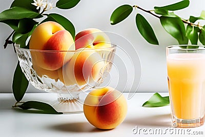 Ripe fruits of whole peaches and a glass of fruit juice on a white table. Fresh harvest Stock Photo