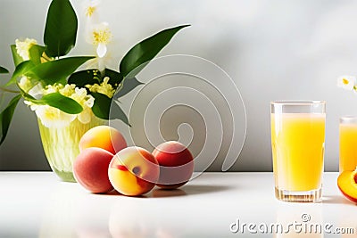 Ripe fruits of whole peaches, green leaves and a glass of fruit juice on a white table. Fresh harvest Stock Photo