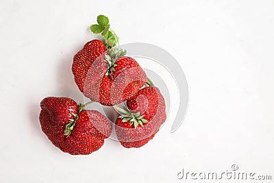 Ripe funny strawberry berries. Trendy food. Concept - Eating ugly fruits and vegetables. Top view, Copy space Stock Photo