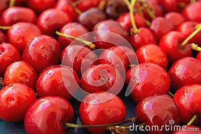 Ripe Glossy Sweet Cherries with Water Drops Scattered on Dark Background. Low Angle Shot Food Pattern Stock Photo
