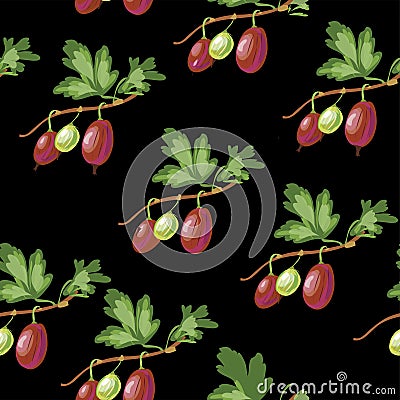 Ripe gooseberries seamless pattern. Summer berry background with berries. vector illustration, hand-drawing Vector Illustration