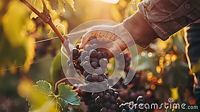 Ripe grapes on vine being harvested by worker hands Stock Photo