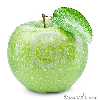 Ripe green apple with water drops on it. Stock Photo