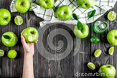 Ripe green apples dark wooden table background top view space for text Stock Photo