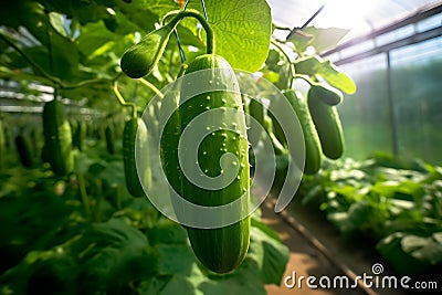 ripe green cucumbers hangin in a greenhouse, neural network generated photorealistic image Stock Photo