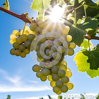Ripe green grapes in the vineyard growing naturally. Green grapes on the vine in the garden, generative AI Stock Photo