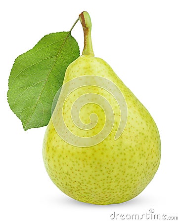 Ripe green yellow pear fruit with leaf Stock Photo