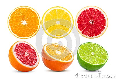 Ripe half of pink grapefruit citrus fruit orange lime slice isolated on white Stock Photo