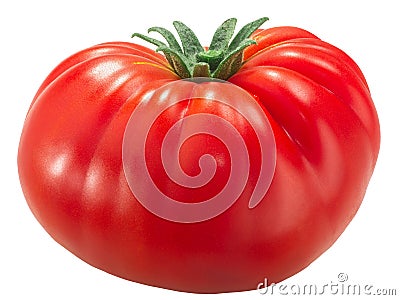 Ripe heirloom wrinkled beefsteak tomato Solanum lycopersicum fruit isolated Stock Photo