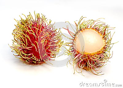 Ripe juicy rambutans isolated on white background. Fresh peeled fruit Stock Photo