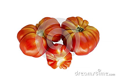Ripe juicy red ribbed tomatoes of the Minusinsky shar-pei variety. Natural products and vitamins. Isolated on white background. Stock Photo