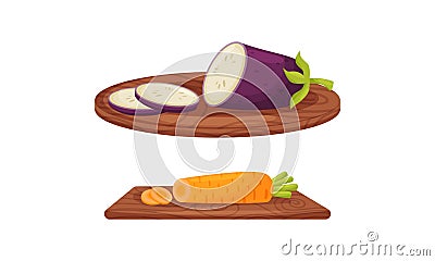 Ripe and Juicy Sliced Eggplant and Carrot Rested on Cutting Board Vector Set Vector Illustration