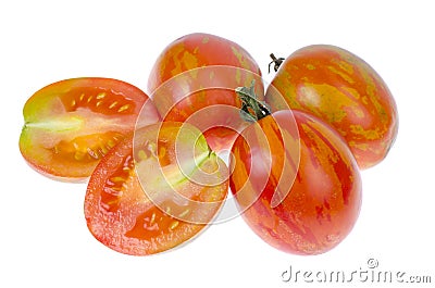 Ripe juicy tomatoes striped coloring on white background Stock Photo