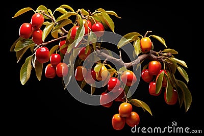 Ripe Jujube Ziziphus fruit on a tree branch on a black background. Sweet and nutritious. Chinese red date fruit. Perfect Stock Photo