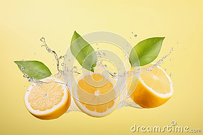 Ripe lemons and leaves flying in the air with splashes of water on yellow background. AI generated Stock Photo