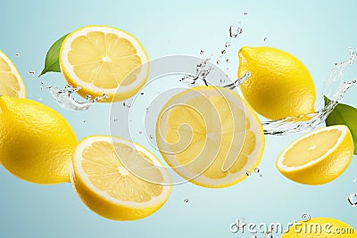 Ripe lemons flying in the air with splashes of water on a light blue background. AI generated Stock Photo