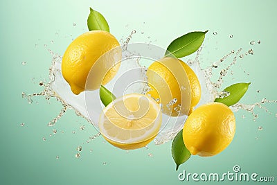 Ripe lemons flying in the air with splashes of water on light green background. AI generated Stock Photo
