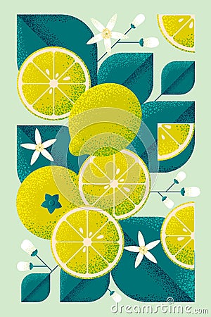 Ripe Lemons with leaves and flowers. Illustration with grain and noise texture. Vector Illustration