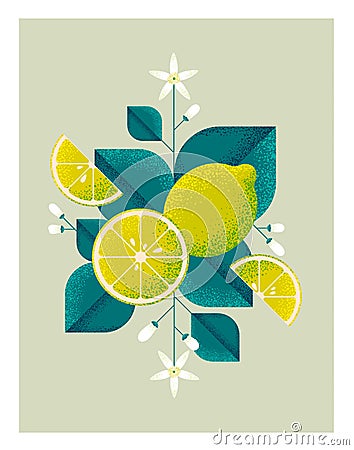 Ripe Lemons with leaves and flowers. Illustration with grain and noise texture. Vector Illustration