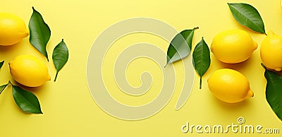 Ripe lemons and lemon leaves on a yellow background. Top view Stock Photo