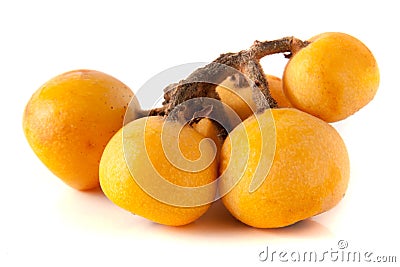 Ripe loquat or Eriobotrya japonica with leaf isolated on white background Stock Photo
