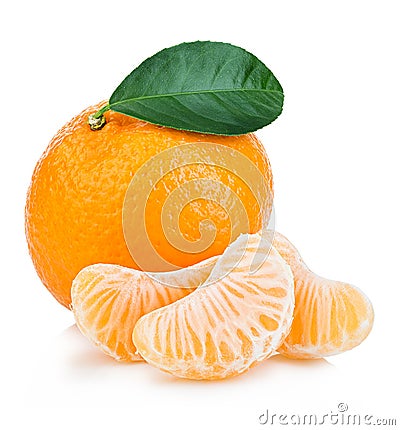 Ripe mandarin with leaf close-up on a white background. Tangerine orange with leaf on a white background. Stock Photo