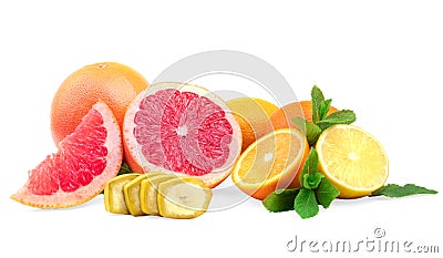 Ripe oranges, fresh grapefruits and juicy lemon and slices of banana with green citrus leaves, on a white background. Stock Photo