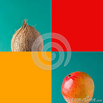 Ripe organic juicy colorful mango coconut on solid dark green turquoise backdrop. Duotone red yellow background with blank squares Stock Photo