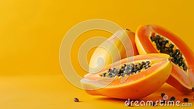 Ripe papaya fruit with seeds, artistically arranged on a bold yellow backdrop Stock Photo