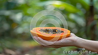 Ripe papaya held with blur background, perfect for text placement to emphasize freshness Stock Photo