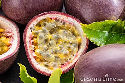Ripe passion fruits with passion fruit seeds Stock Photo
