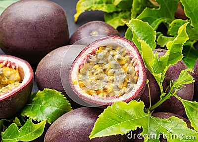 Ripe passion fruits with passion fruit seeds Stock Photo