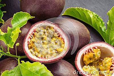 Ripe passion fruits with passion fruit seeds Stock Photo