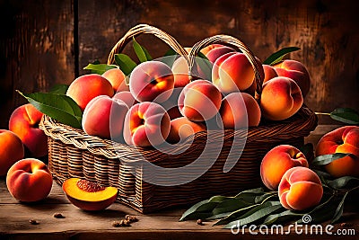ripe peach basket Stock Photo