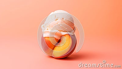 Ripe peach fruit with a scoop of melting ice cream on top on soft peach color background. Modern trendy tone hue shade Stock Photo
