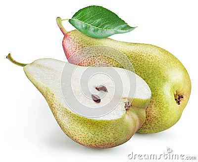 Ripe pear with green leaf and pear longitudinal section on white background. Clipping path Stock Photo