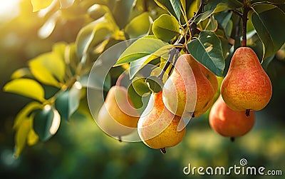 Ripe Pears on Garden Tree. Generative AI Stock Photo