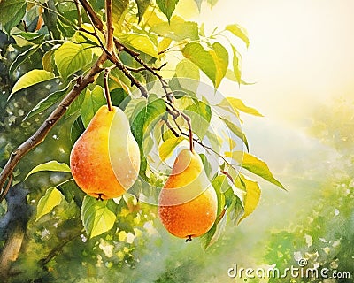 Ripe Pears on Garden Tree are generative ripe nature. Stock Photo