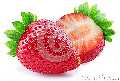 Ripe perfect strawberry and cross cut of strawberry isolated on white background Stock Photo