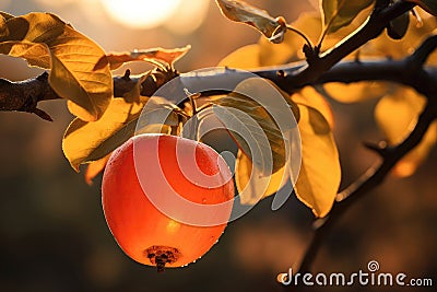 Ripe Persimmon On Tree At Dawn In Closeup. Generative AI Stock Photo