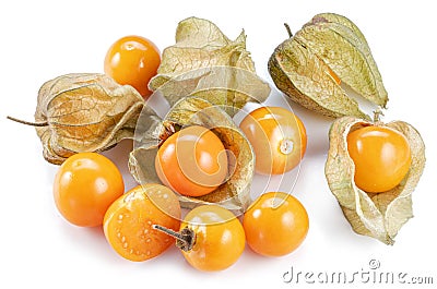 Ripe physalis or golden berry fruits in calyx isolated on white background Stock Photo