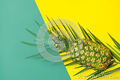 Ripe pineapple on palm leaf on duotone yellow green background. Trendy funky style. Summer vacation tropical fruits beach party Stock Photo