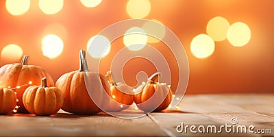 Ripe pumpkins on wooden table. Autumn background of the Thanksgiving greeting card. Space for copying. Generative AI Stock Photo