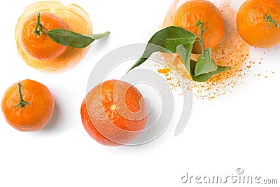 Ripe raw citrus fruits tangerines oranges with stem green leaf on orange hand painted watercolor splashes paintbrush strokes Stock Photo