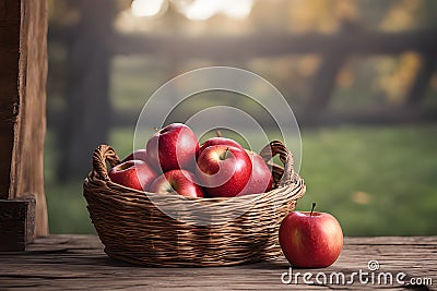 Red apple basket in a rustic setting Stock Photo