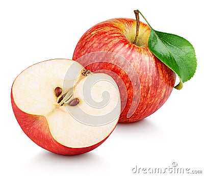 Red apple fruit with half and green leaf isolated on white Stock Photo