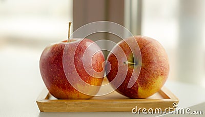 Ripe Red Apple Wooden Bowls Other Apples Table Stock Photo