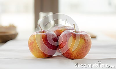 Ripe Red Apple Wooden Bowls Other Apples Table Stock Photo