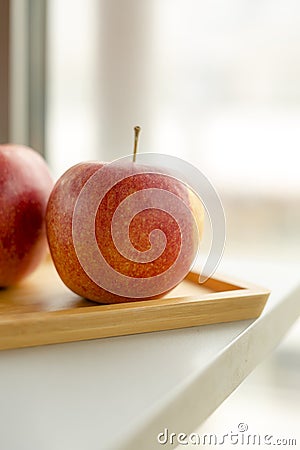 Ripe Red Apple Wooden Bowls Other Apples Table Stock Photo